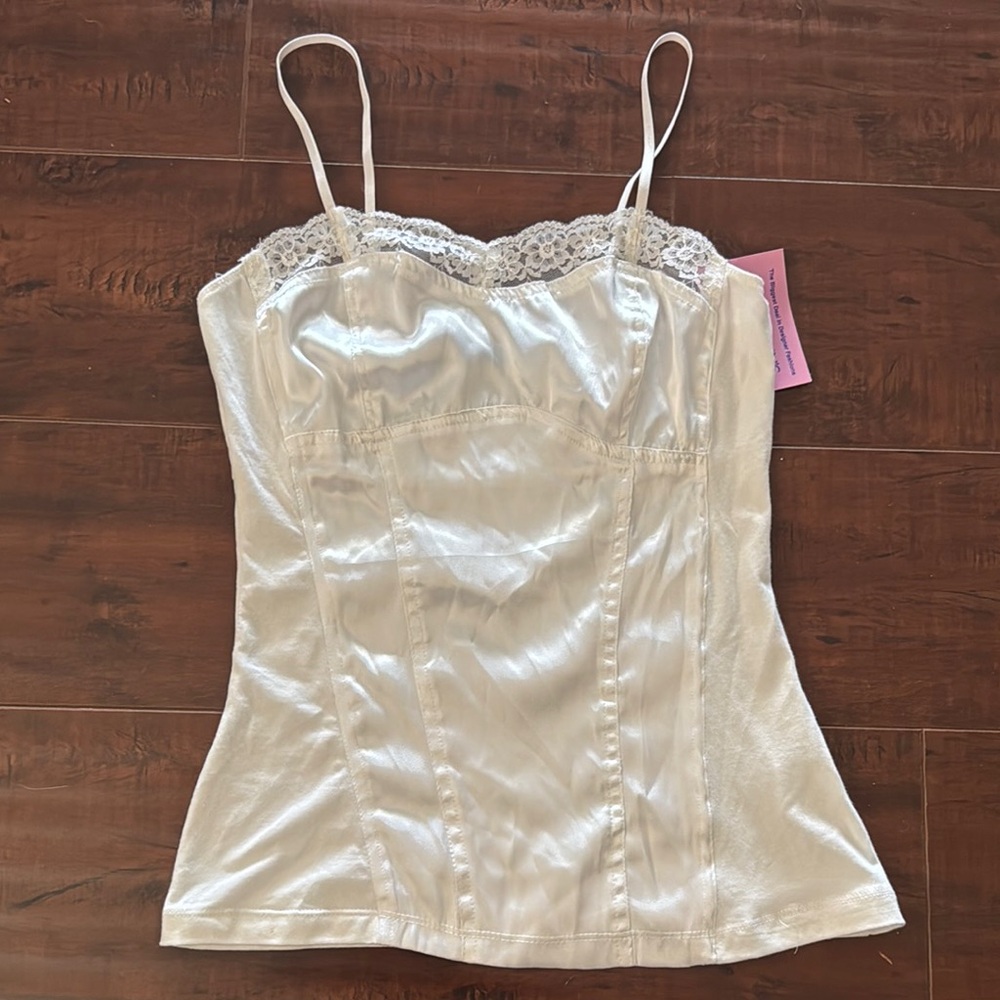 Blu Heaven White Satin Camisole with Lace Trim, Size XS, NWT!